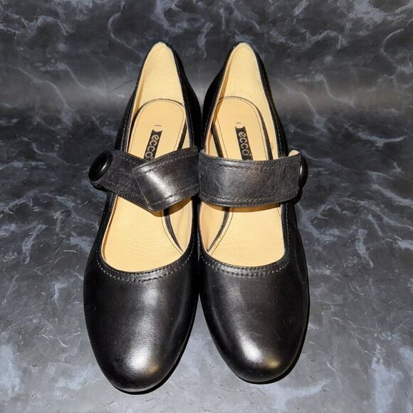 ECCO Black Leather Mary Janes Wedge Pumps Heels Shoes Womens Size 9-9.5 (40) - Picture 2 of 7